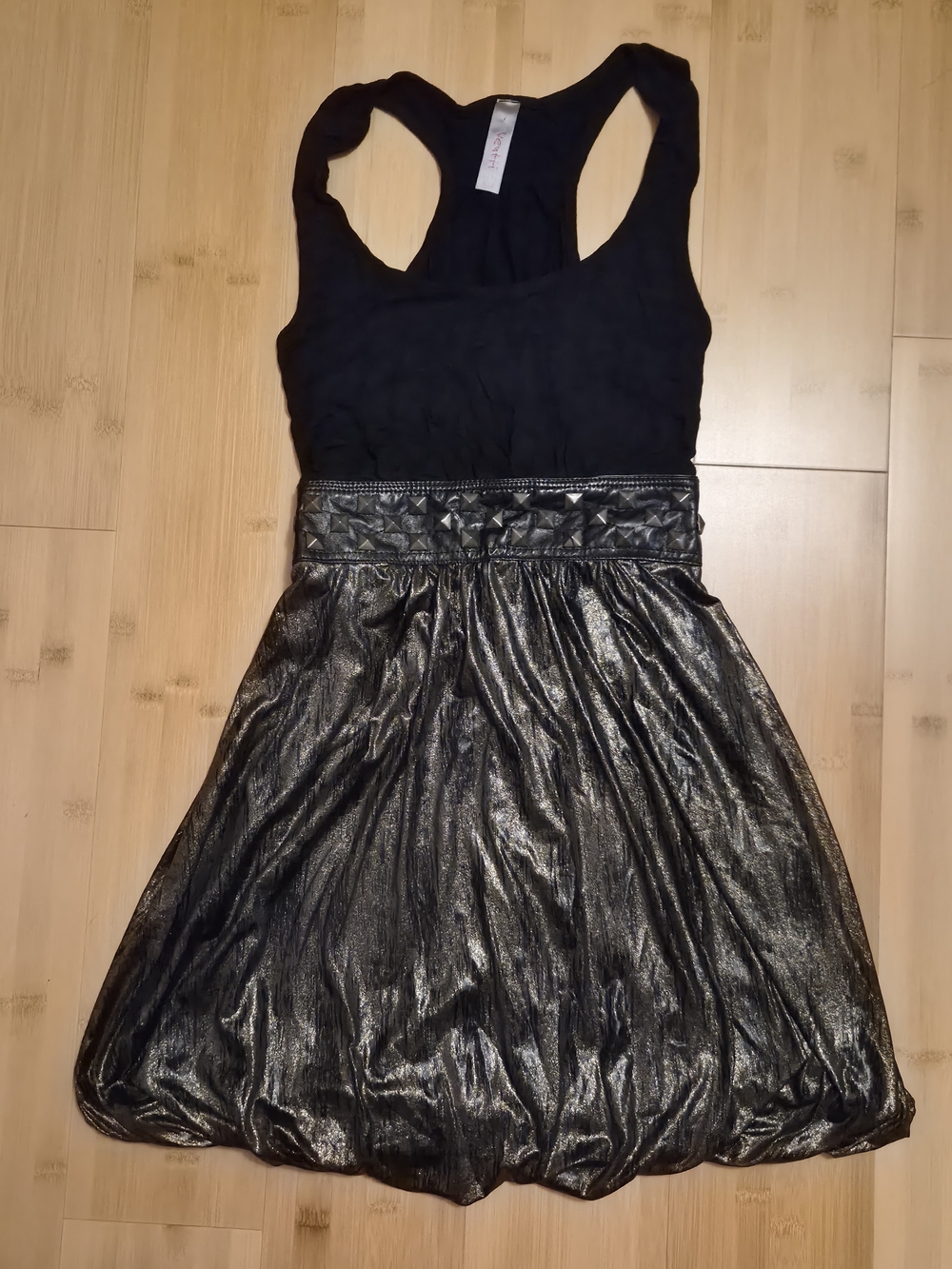 Venti USA Black Studded Waist Metallic Bubble Hem Mini Dress Racerback Medium M